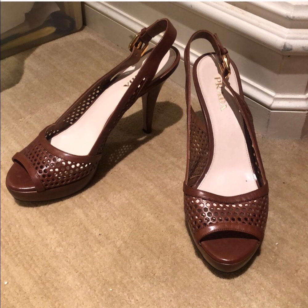 Prada Brown Leather Perforated Peep Toe Heel